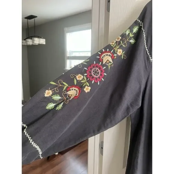 J. PETERMAN Dark Gray Floral Embroidered Bohemian Peasant Tunic Blouse Top Sz L - Picture 2 of 12